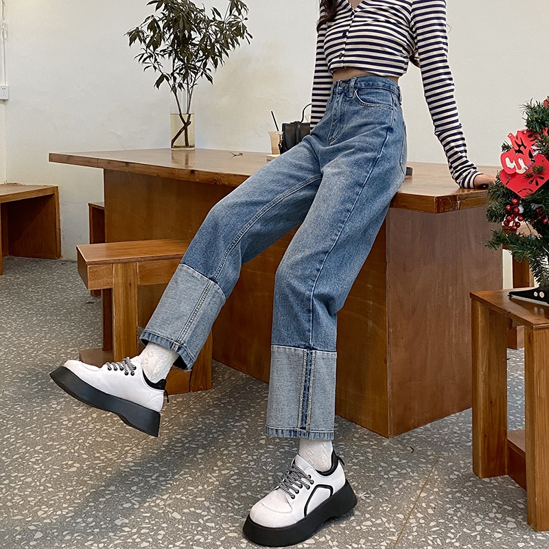 Quần jean nữ ống rộng lưng cao phong cách Hàn Quốc