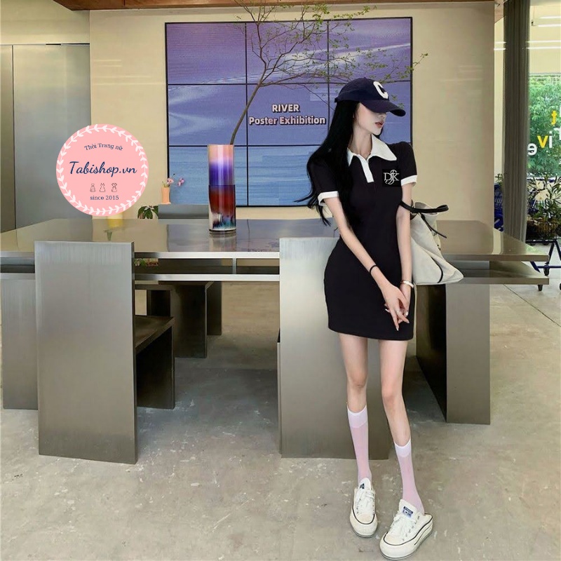 Váy polo nữ phối cổ TABISHOP váy body tay ngắn thêu chữ DK vải thun co giãn thoải mái