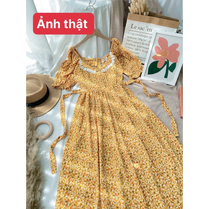 ❤KÈM ẢNH THẬT-ĐẦM MIDI HOA NHÍ VIỀN NGỰC TRẮNG VINTAGE XD