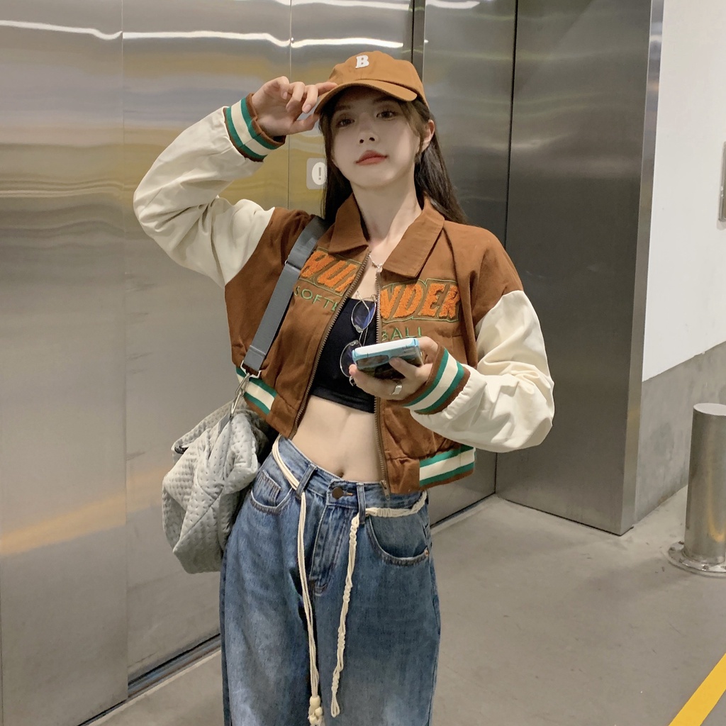 Áo Khoác Lửng Dáng Rộng Màu Sắc retro Phong Cách Mỹ Cho Nữ