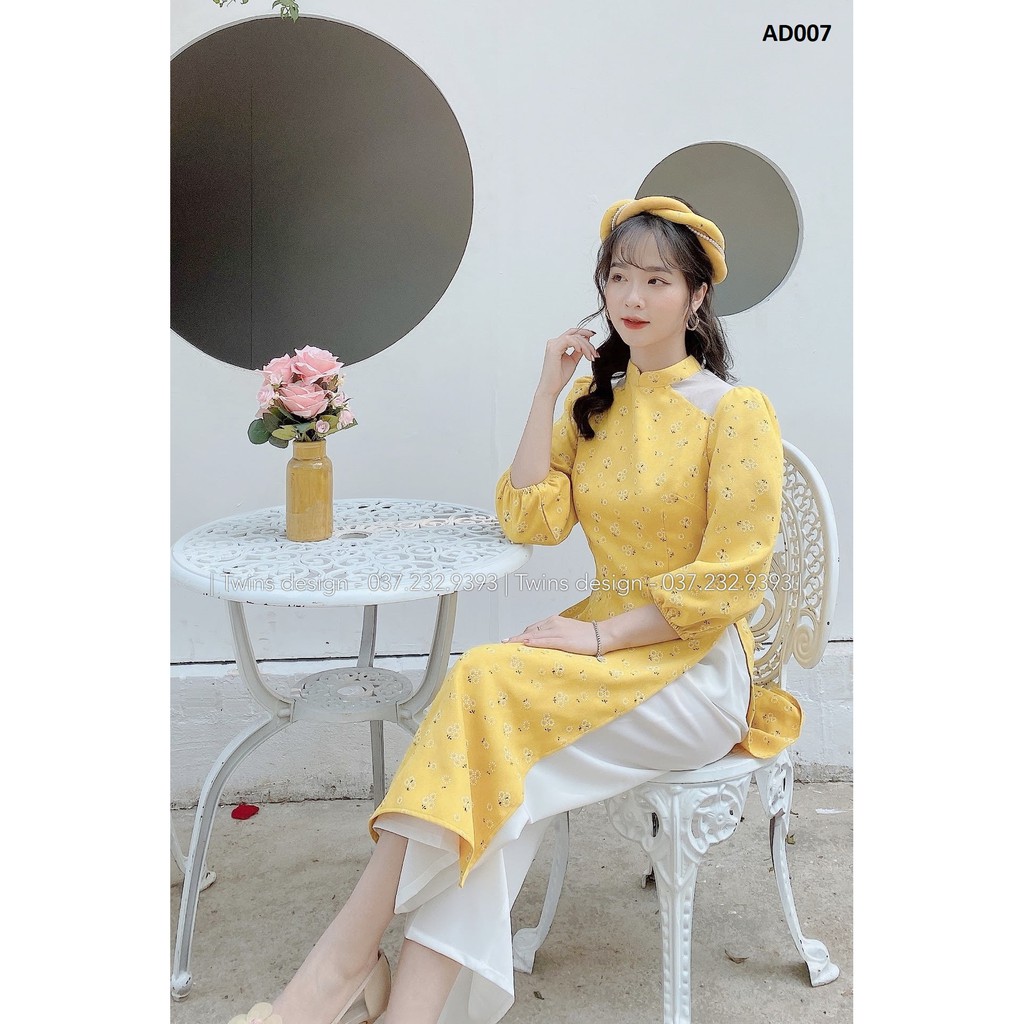 Áo dài cách tân KÈM QUẦN áo dài nữ TWINS STORE chất nhung tăm, cổ tàu, vai pha tơ mềm - AD007