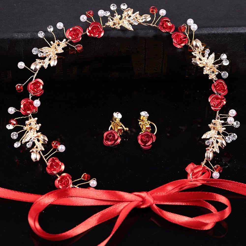 Bộ Khuyên Tai + Băng Đô Hình Hoa Hồng Thanh Lịch Thời Trang Cho Cô Dâu