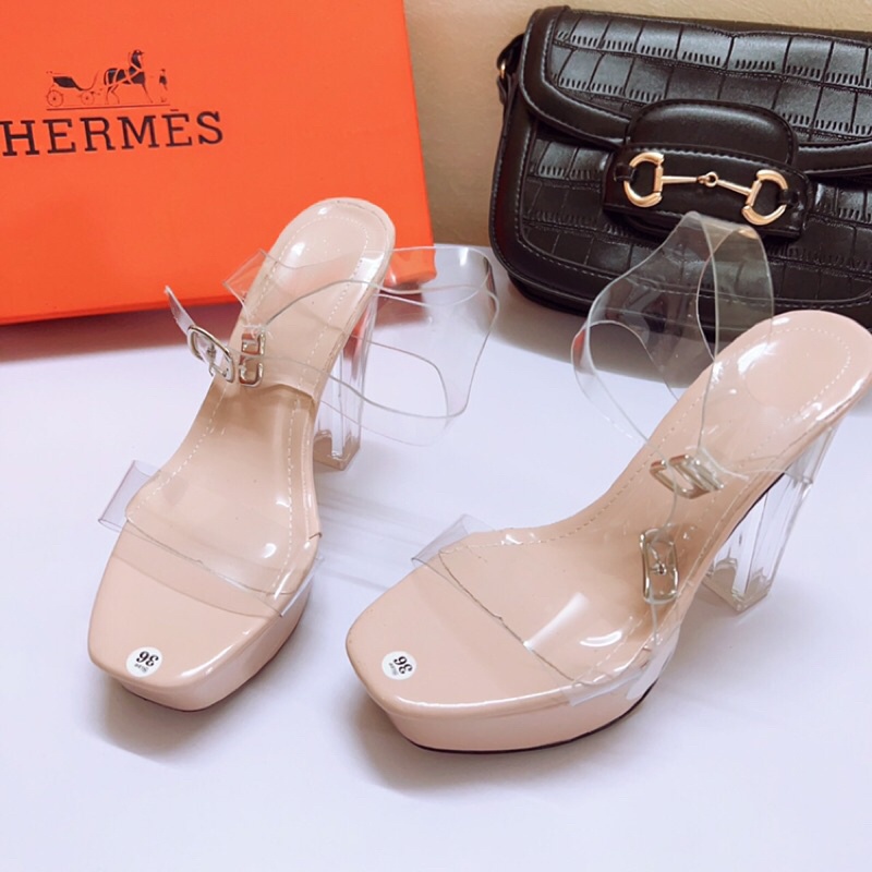 Giày sandal đúp quai trong 12p gót trong sang chảnh tôn dáng dã man