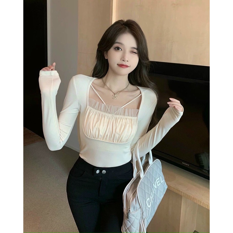 ÁO CROPTOP KIỂU LỬNG NỮ CỔ VUÔNG DÀY TAY BÈO NGỰC PHỐI DÂY ĐAN CHÉO CỔ MÀU TRẮNG ĐEN CAM CO GIÃN THOẢI MÁI