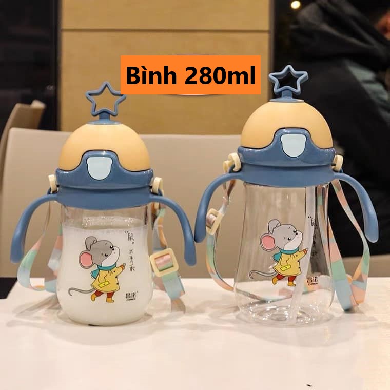 Bình tập uống nước cho bé có tay cầm, dây đeo tiện lợi dung tích 280ml có ngôi sao mềm trên nắp