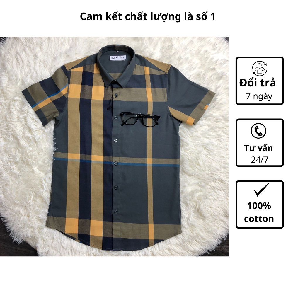 Áo sơ mi kẻ burberry nam tay ngắn vải cotton , bbr cộc tay kẻ to thoáng mầu đen SMC01