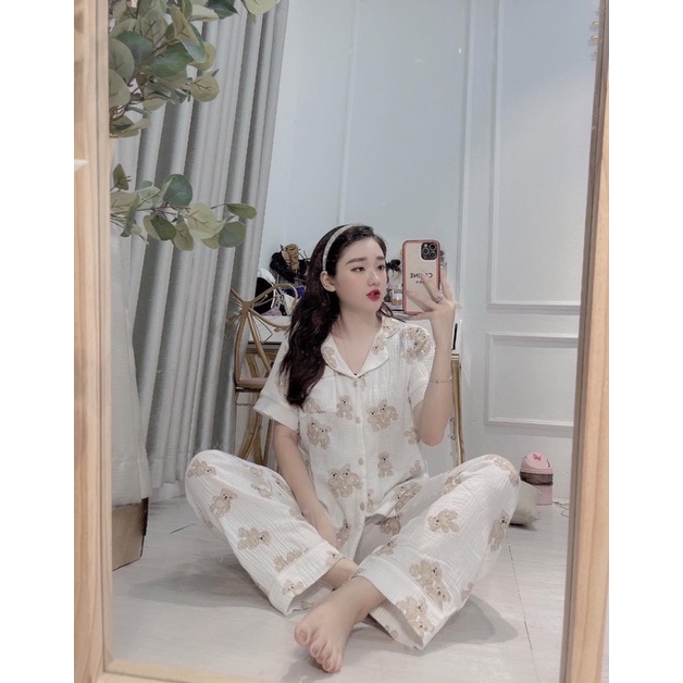 BỘ PIJAMA CHẤT XÔ MUSLIN HÀNG ÁO CỘC QUẦN DÀI - Bộ mặc nhà nữ