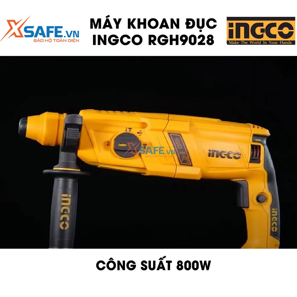 Máy khoan búa dùng pin 3 chức năng 800W INGCO RGH9028 đầu gài sds plus, tốc độ 1200 rpm tốc độ búa 5300bpm, lực đập 2.5j