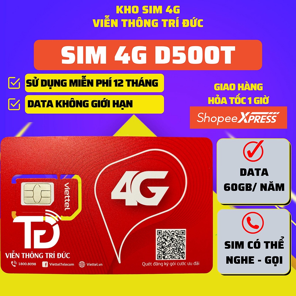 Sim 4G D500 [60Gb] Viettel/ Vina - Sim Lên Mạng 1 Năm, Data Không Giới Hạn, Không Phí Duy Trì - Viễn Thông Trí Đức