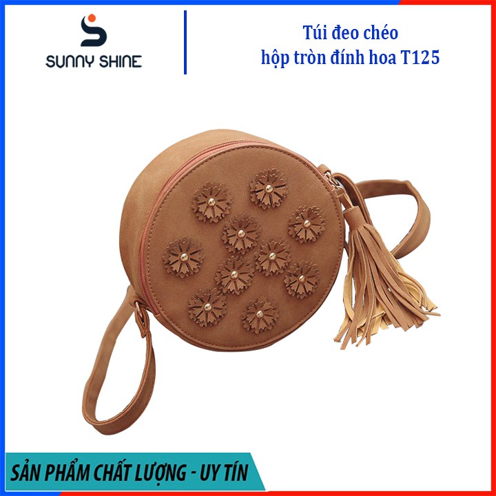 Túi đeo chéo nữ đính hoa Xinh Xắn, phom hộp tròn, da lộn cao cấp TXH125