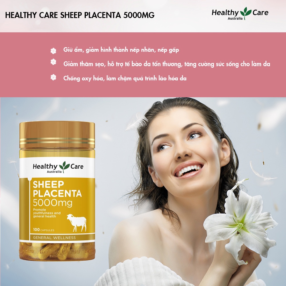 Viên uống Nhau thai cừu Úc Sheep Placenta 5000mg Và Mầm Đậu Nành Chống Lão Hóa 100 Viên Healthy Care