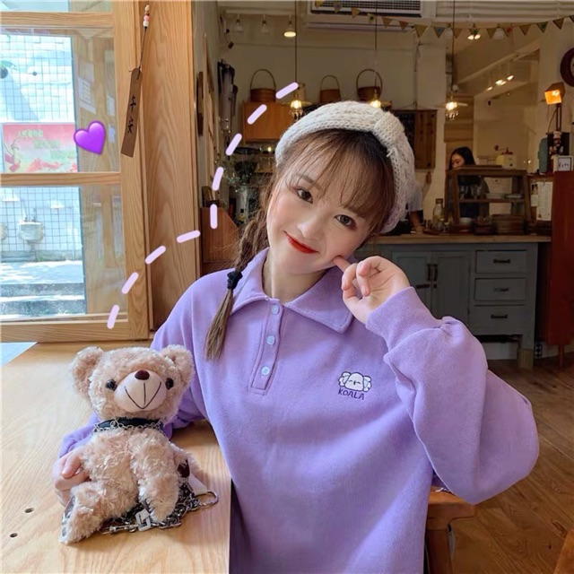 [ORDER+ẢNH THẬT] Áo Polo tím dài tay chất nhung mịn oversize Ulzzang thêu hình siêu xinh 😍