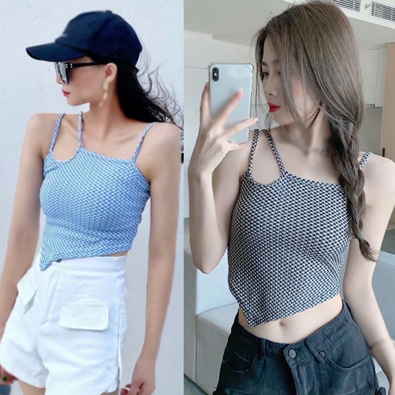 Áo Croptop Dệt Kim Hai Dây Hở Lưng Họa Tiết Sọc Caro Thiết Kế Không Đồng Đều Quyến Rũ Thời Trang Cho Nữ