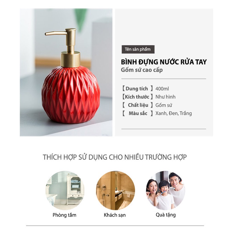 Chai Sứ Dầu Gội 400ml, Bình Đựng Xà Phòng Vân Cẩm Thạch Decor Nhà Tắm Siêu Sang