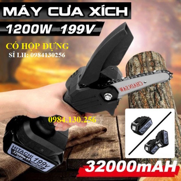 [COLASALE8 ]Máy cưa xích dùng pin cầm tay Hitachi 199V- Máy cưa xích Hitachi- Cưa xích chạy pin- Pin 10 cell - Lõi đồ