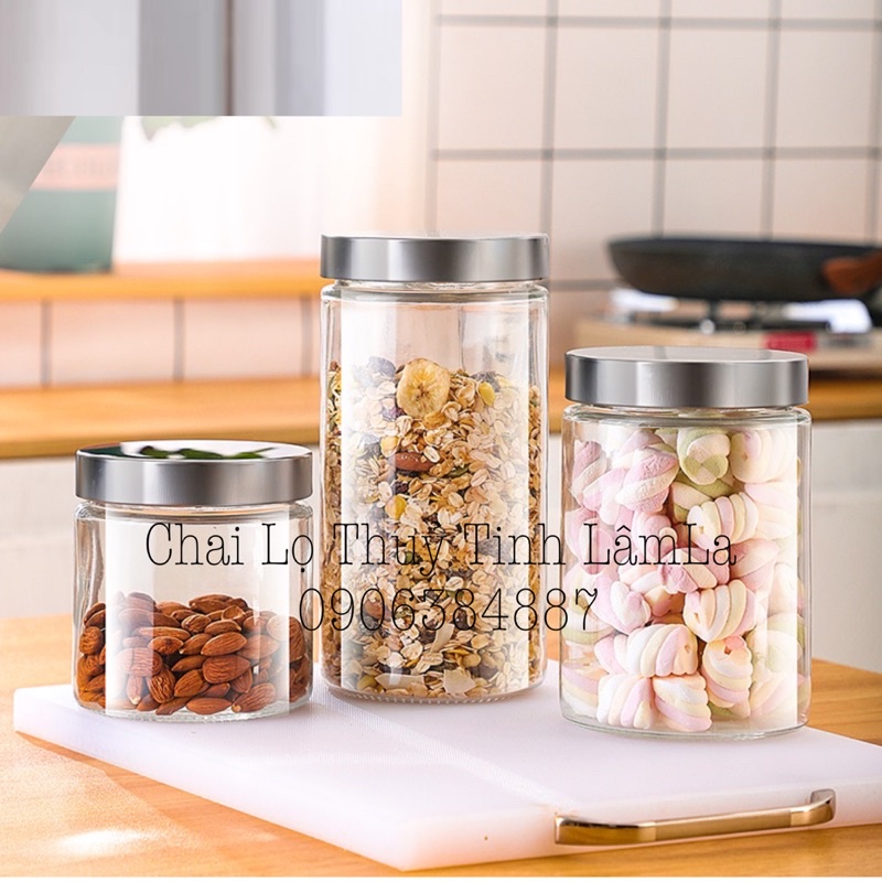 Hũ Thuỷ Tinh Tròn Trụ Nắp Inox Cao Cấp 900ML 1250ML 1650ML 2100ML