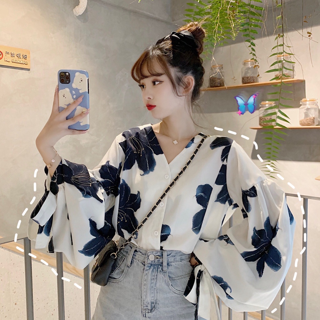 SUXI Áo Kiểu Tay Phồng Dài Cổ Chữ V Form Rộng Phong Cách Vintage