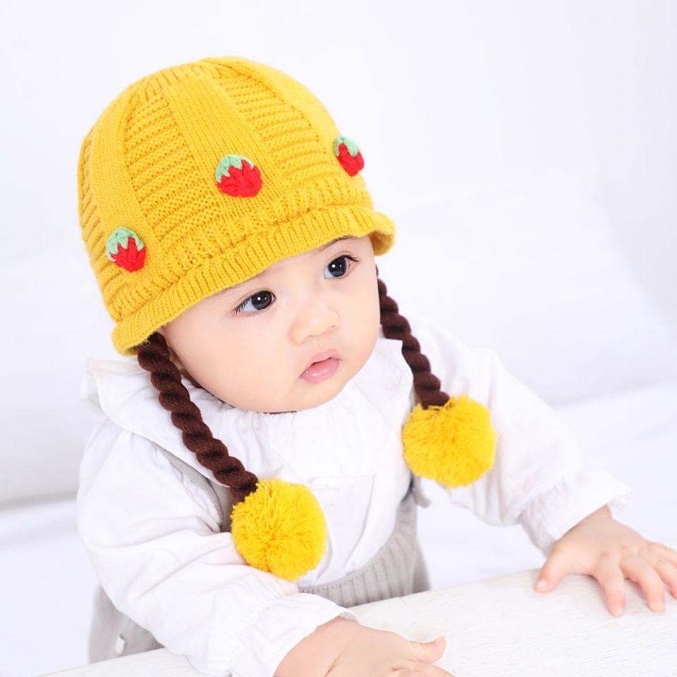 Mũ Len Bảo Vệ Tai Đính Tóc Giả Thắt Bím Cho Bé Gái