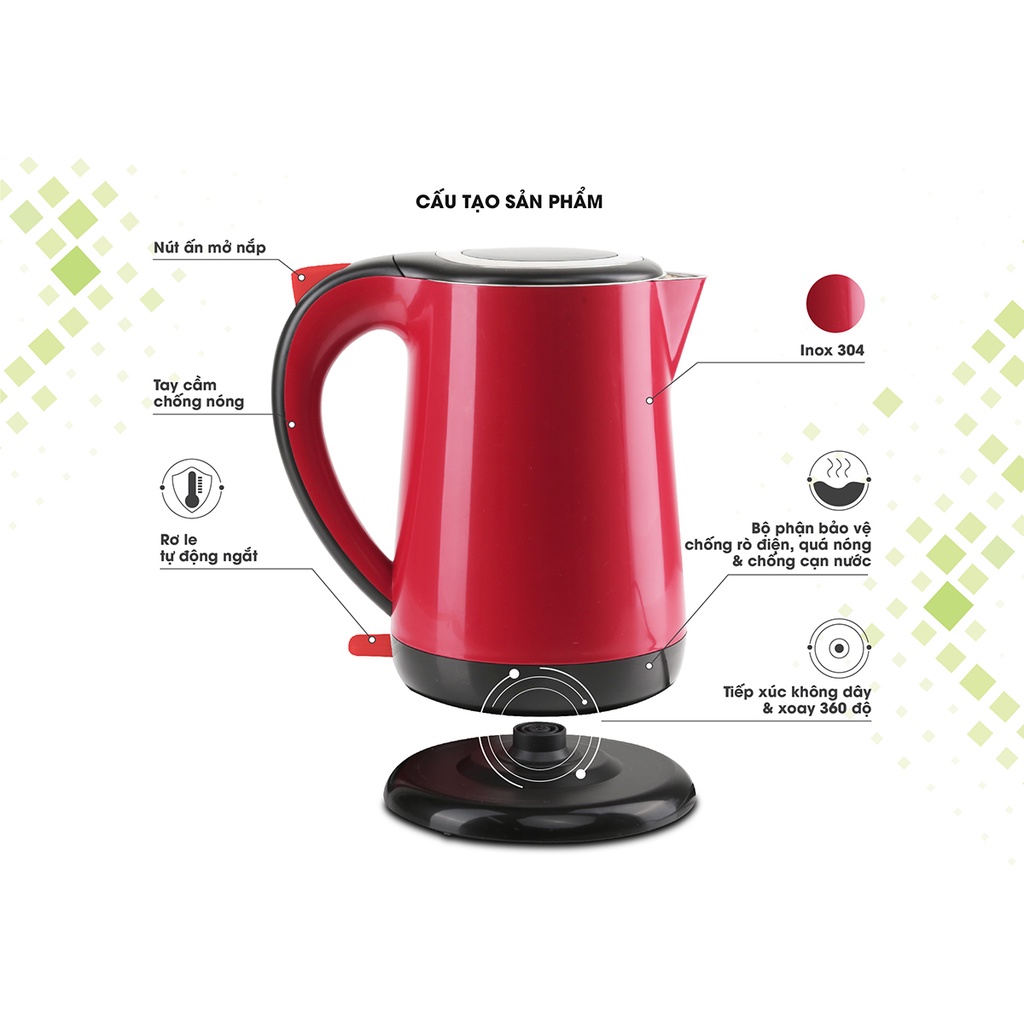 Ấm siêu tốc đun nước 1,7L Rạng Đông siêu bền, 2 lớp, RD-AST17ST1