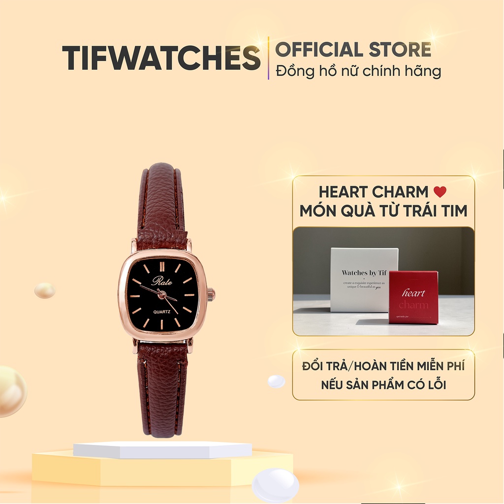 Đồng hồ nữ dây da mặt vuông RATE nâu mặt đen đồng hồ nữ mặt nhỏ chính hãng Watchesbytif đẹp giá rẻ chống nước size 22mm