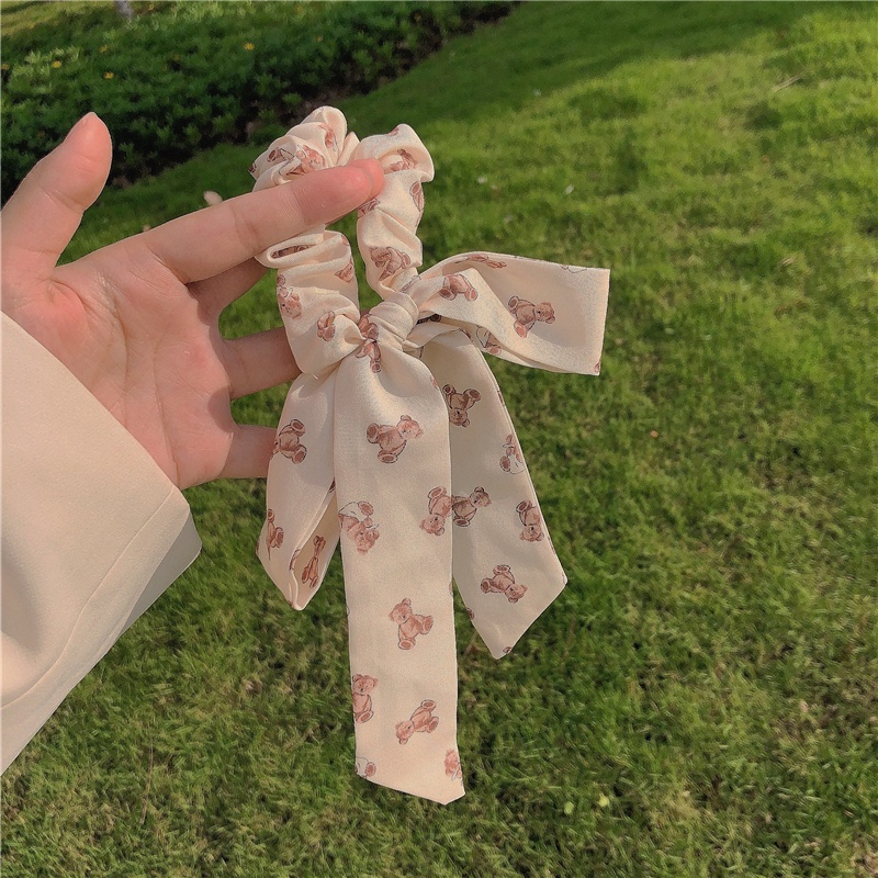 Dây buộc tóc phối nơ thắt nút họa tiết gấu Teddy dành cho nữ