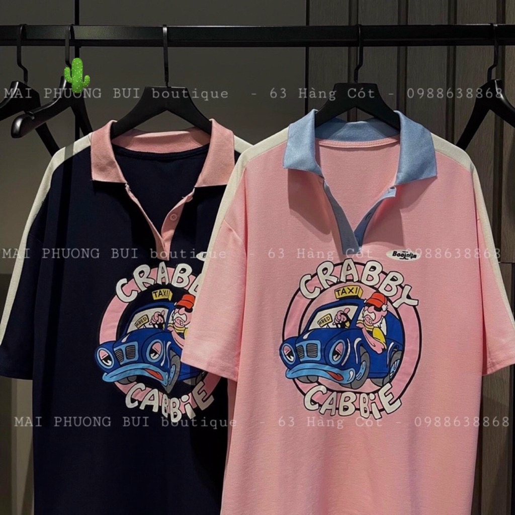 Áo thun nữ in họa tiết cabbie form rộng kiểu cổ bẻ sơ mi hot PC65