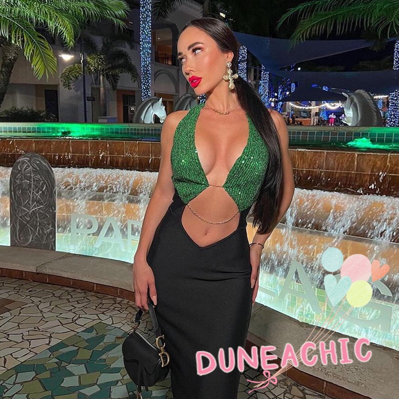 Đầm hai dây DUNEA đính kim sa tương phản quyến rũ cho nữ