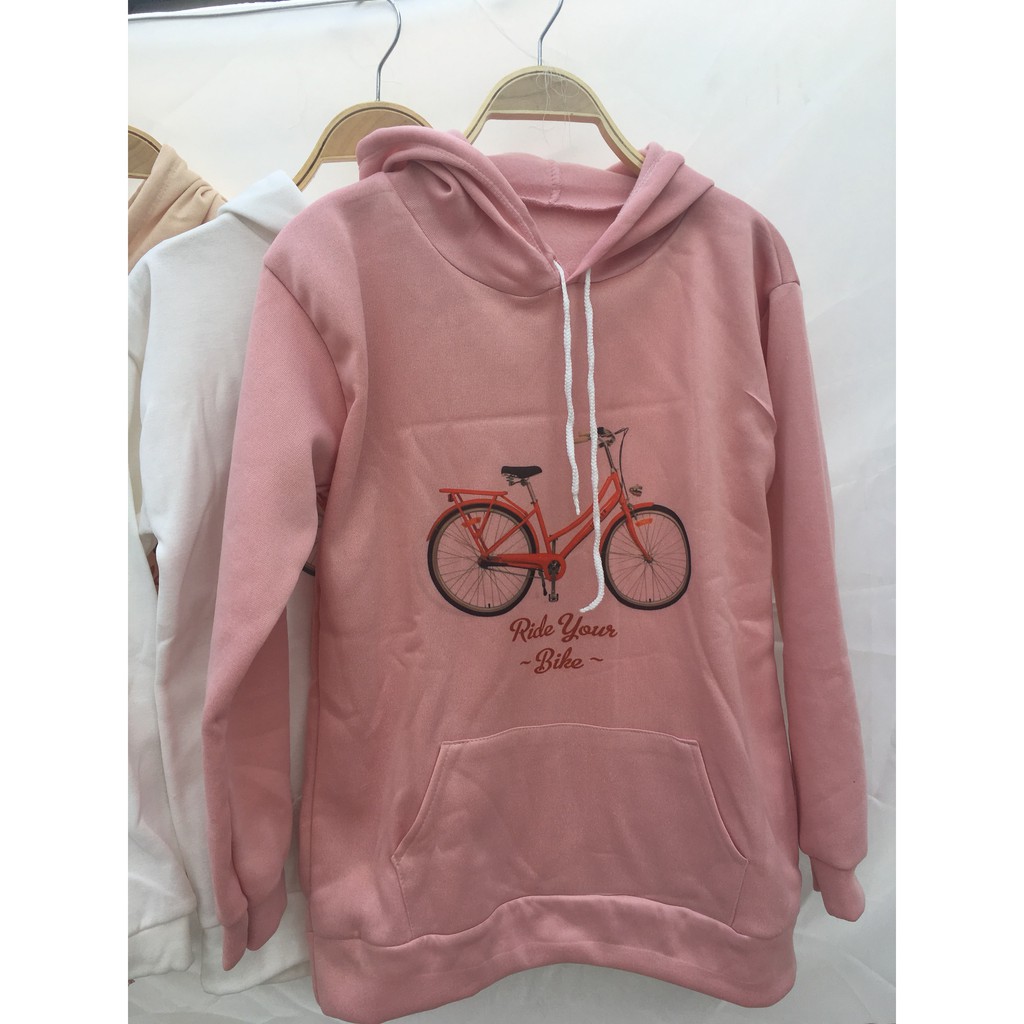 Áo Hoodie hình xe đạp UNISEX(3 màu trắng, be, hồng)