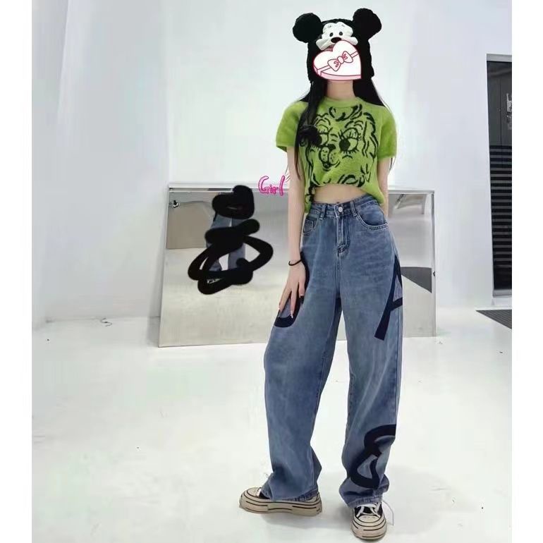 American street High Street AB style letter jeans women's summer loose high waist slimming straight wide leg mop pants trendy M5tV