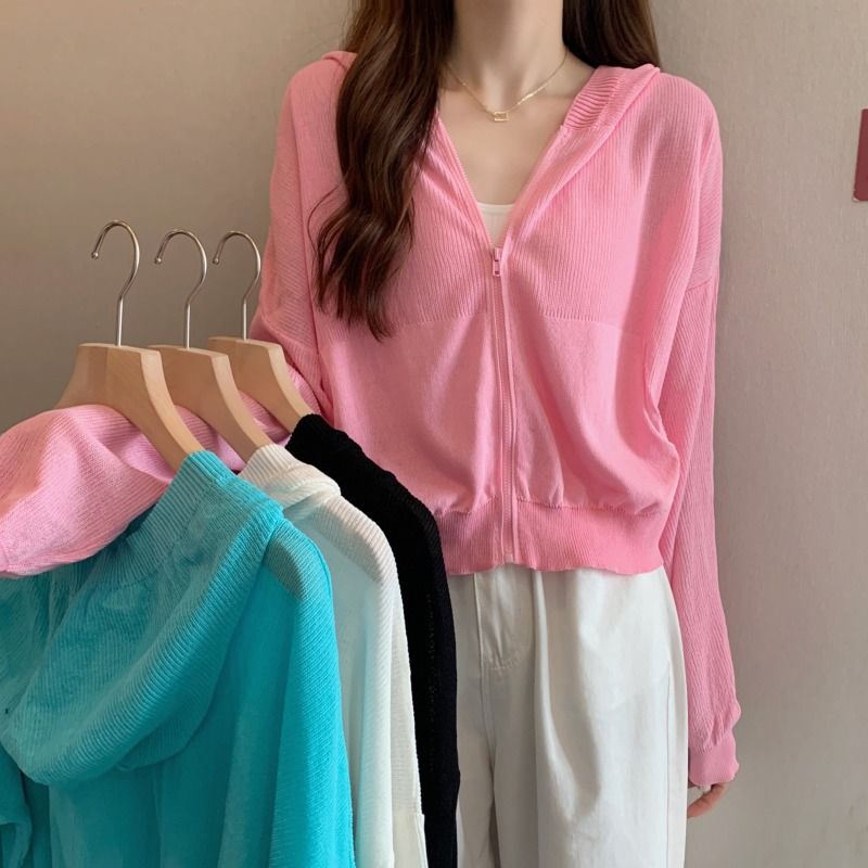 Áo Khoác Cardigan Dệt Kim Mỏng Dáng Rộng Có Mũ Trùm Phối Khóa Kéo Dài Tay Thời Trang Mùa Hè Dành Cho Nữ 2022