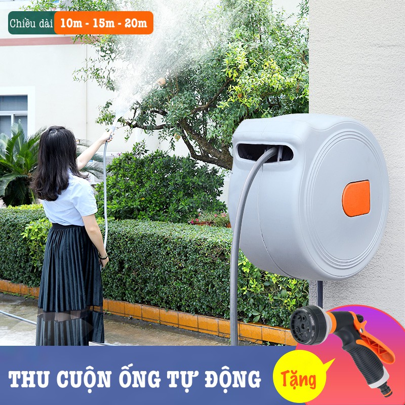 Bộ vòi tưới cây, rửa xe Lionking. Bao gồm rulo cuộn ống nước tự động. TẶNG VÒI PHUN ĐA NĂNG 8 KIỂU PHUN