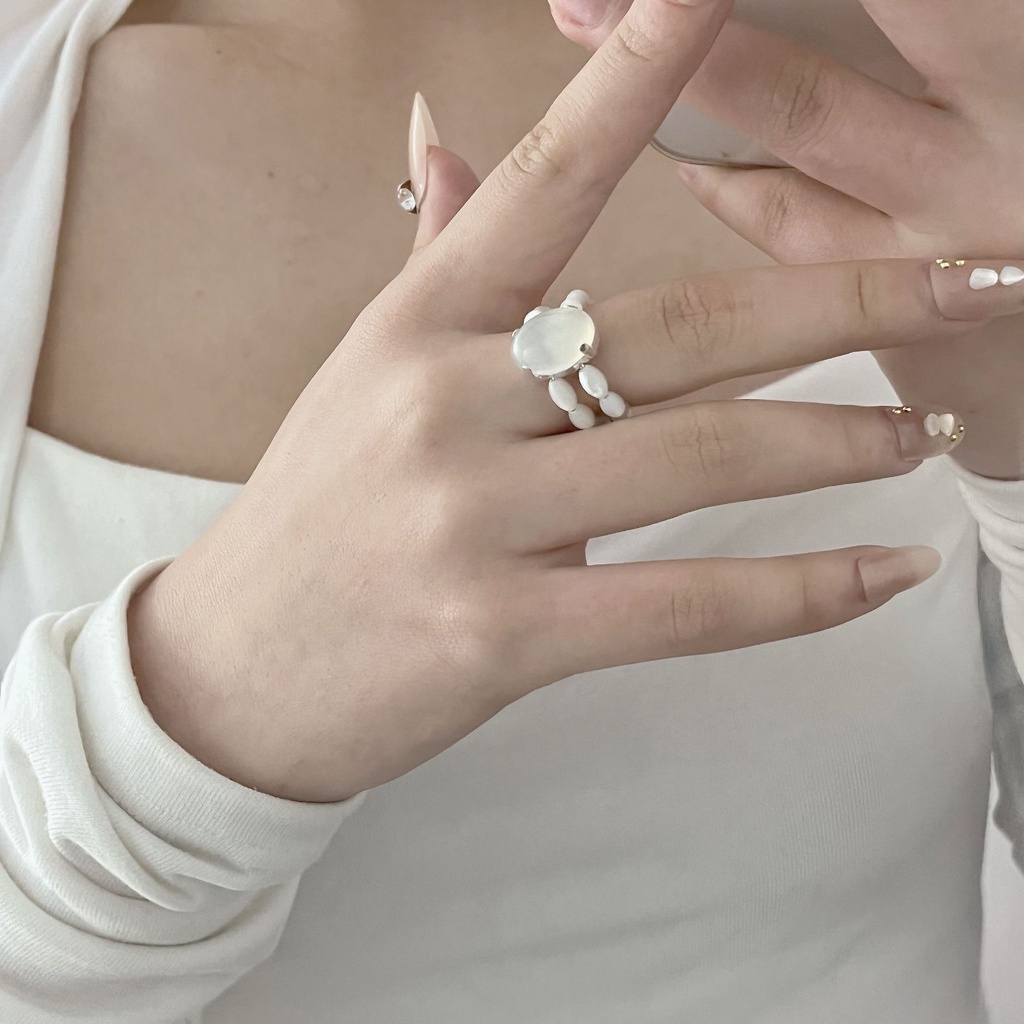 Nhẫn Hở Hai Lớp Đính Đá Mắt Mèo Phong Cách Âu Mỹ Cá Tính