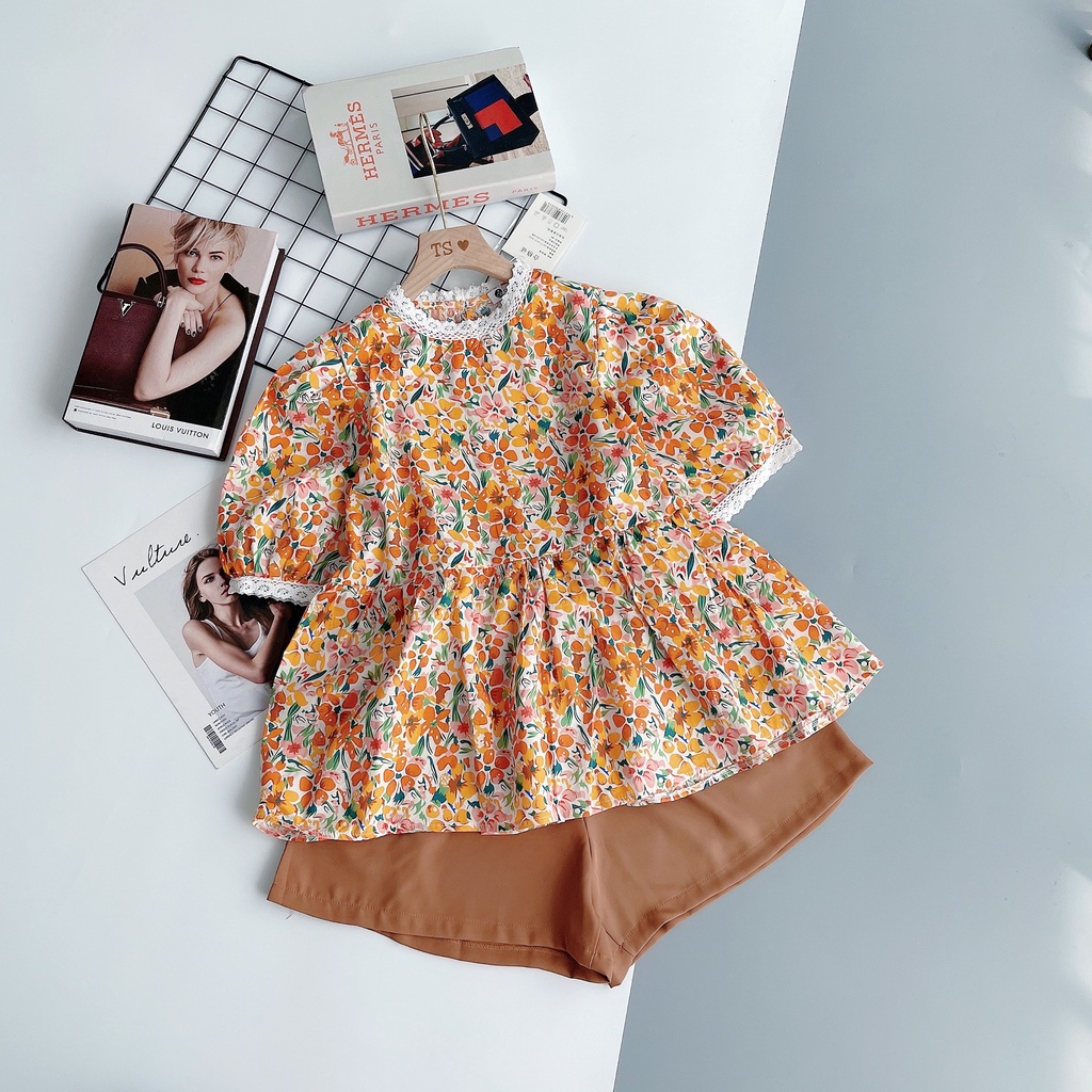 SET ÁO HOA CAM TAY LỠ MIX REN MÀU TÂY NỮ SIÊU HOT BN197
