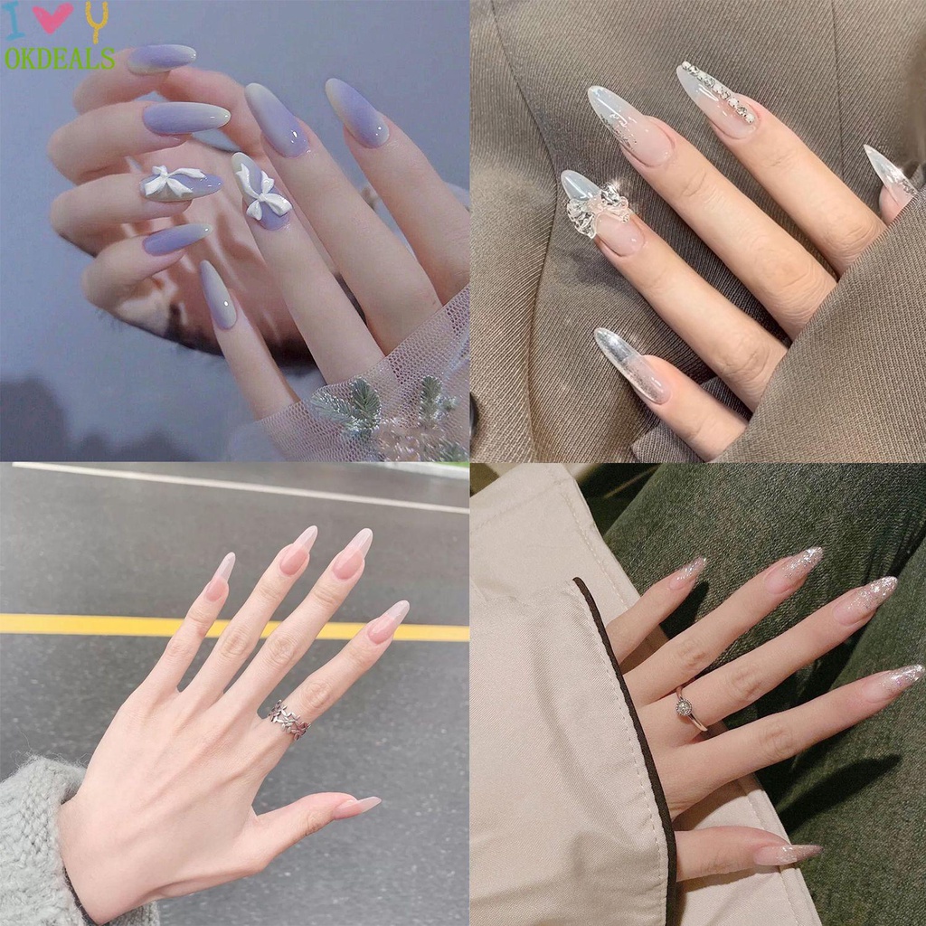 Hộp 24 Móng Tay Giả Đính Nơ Có Thể Tháo Rời Che Phủ Toàn Diện