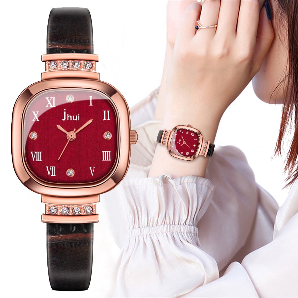 Đồng hồ thời trang nữ Jhui JHU0482 mẫu mới mặt chữ nhật dây da mềm êm tay đính đá sang trọng | BigBuy360 - bigbuy360.vn