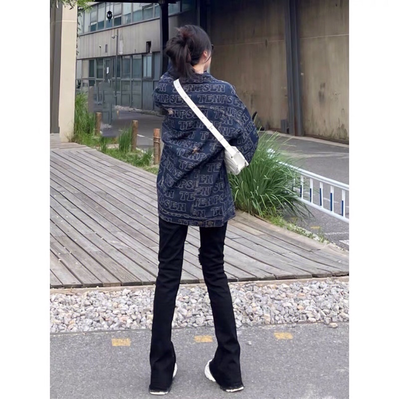 Quần jean ống loe màu đen rách gối lưng cao siêu hack dáng