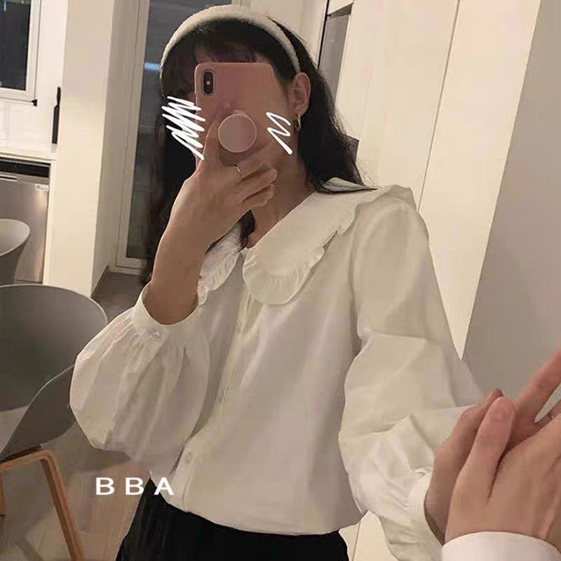 Áo sơ mi trắng nữ cổ bèo dài tay dễ thương phong cách hàn quốc - shopbelinh