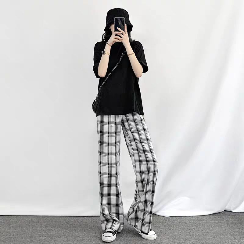 0428 New black and white plaid pants spring and summer female students Korean version of loose high waist straight leg slimming casual mopping wide leg trousers