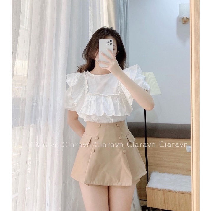 SET ÁO BBD BÈO TRẮNG + CHÂN VÁY NÚT KEM