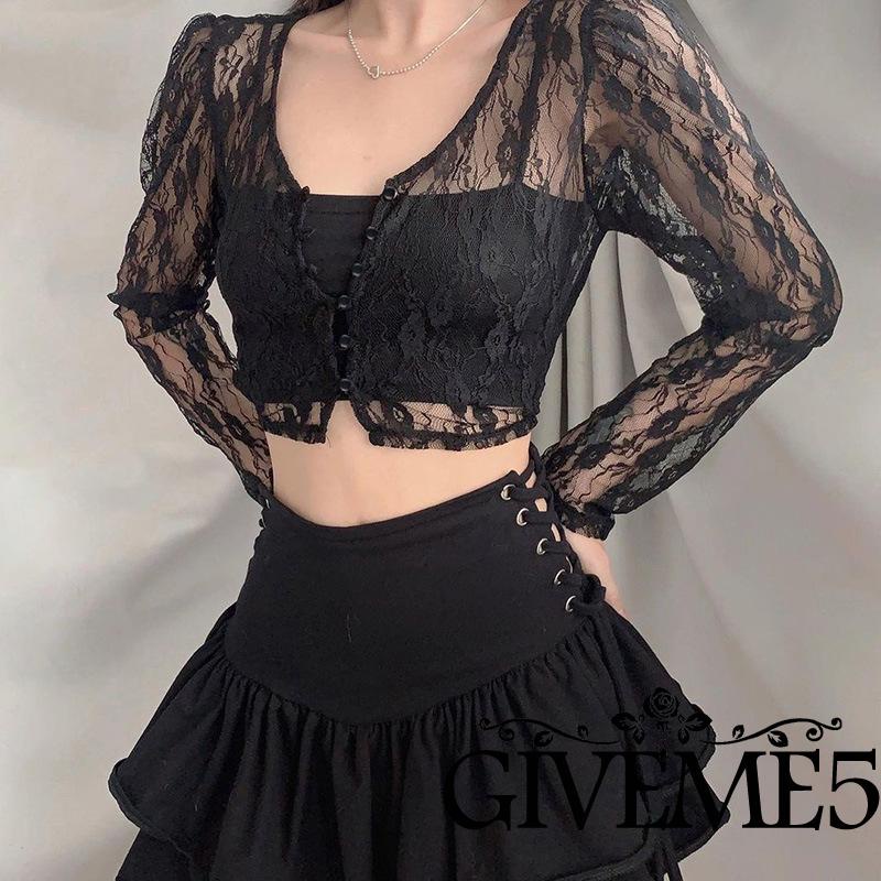 Áo croptop tay dài cổ chữ v phối ren thời trang dành cho nữ