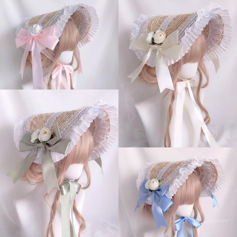 Nón cói chống nắng phối hoa nhún bèo ren và ruy băng nơ có dây đeo cằm phong cách Victoria vintage cho nữ