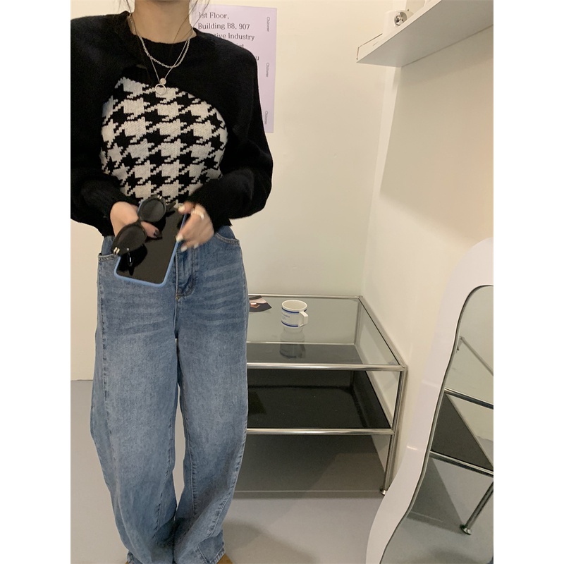 Xiaozhainv  Áo len hai dây họa tiết sọc caro phong cách retro Hàn Quốc cho nữ