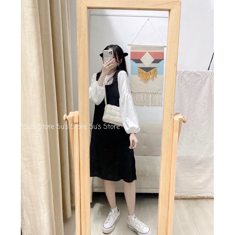Set váy yếm kẻ caro tặng kèm áo tay bồng Ulzzang, Set váy vintage kèm áo 🪴🪴🪴na