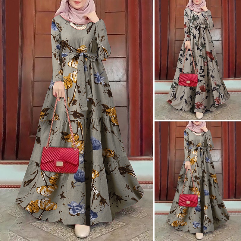 ZANZEA Đầm Maxi Tay Dài Cổ Tròn In Họa Tiết Hoa Phong Cách Vintage Dành Cho Nữ
