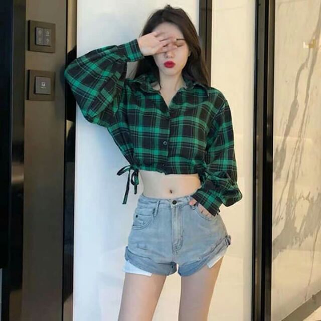 [Mã WA9910 giảm 10k đơn 99k] Áo croptop sơ mi caro dài tay(kèm ảnh thật)