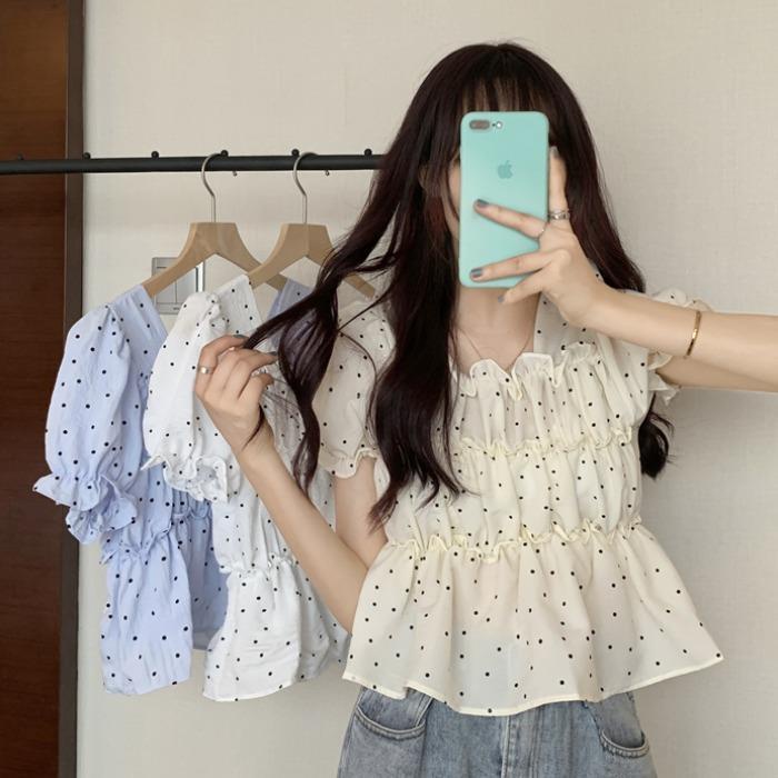 Áo Sơ Mi Tay Ngắn Họa Tiết Chấm Bi Phong Cách Hàn Quốc Cho Bé Gái