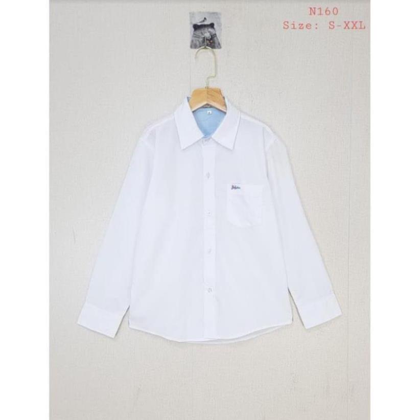 N160 - Áo sơmi bé trai , chất thô mềm , dài tay , túi ngực , màu trắng , size đại S-XXL