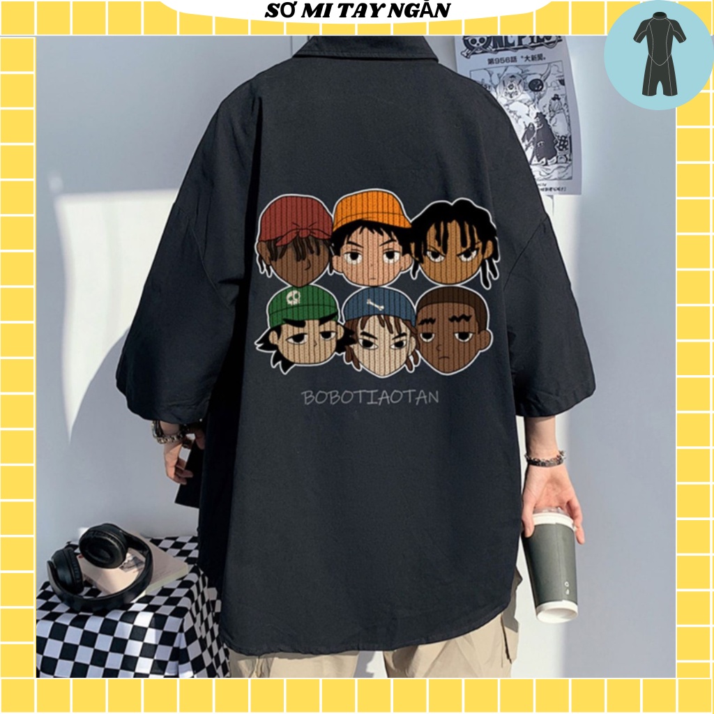 Sơ mi nam tay ngắn from rộng unisex nam nữ , sơ mi nam nữ vải voan lụa mịn mát free size 40kg - 70kg in nhân vật
