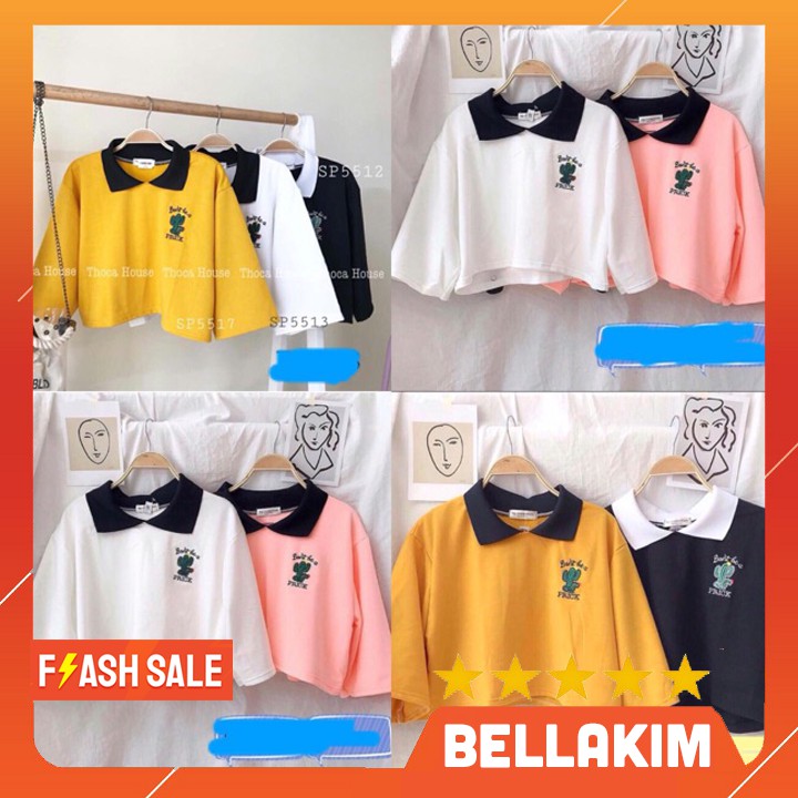 Áo croptop polo thêu xương rồng ( HÀNG Y HÌNH 100%)