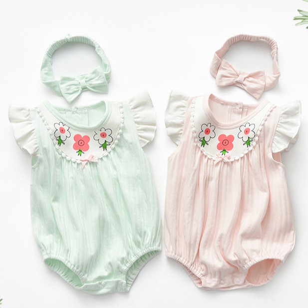 Sét body côttông cánh tiên họa tiết hoa xinh đầy tháng cho bé gái 0-24M (Kèm nơ)